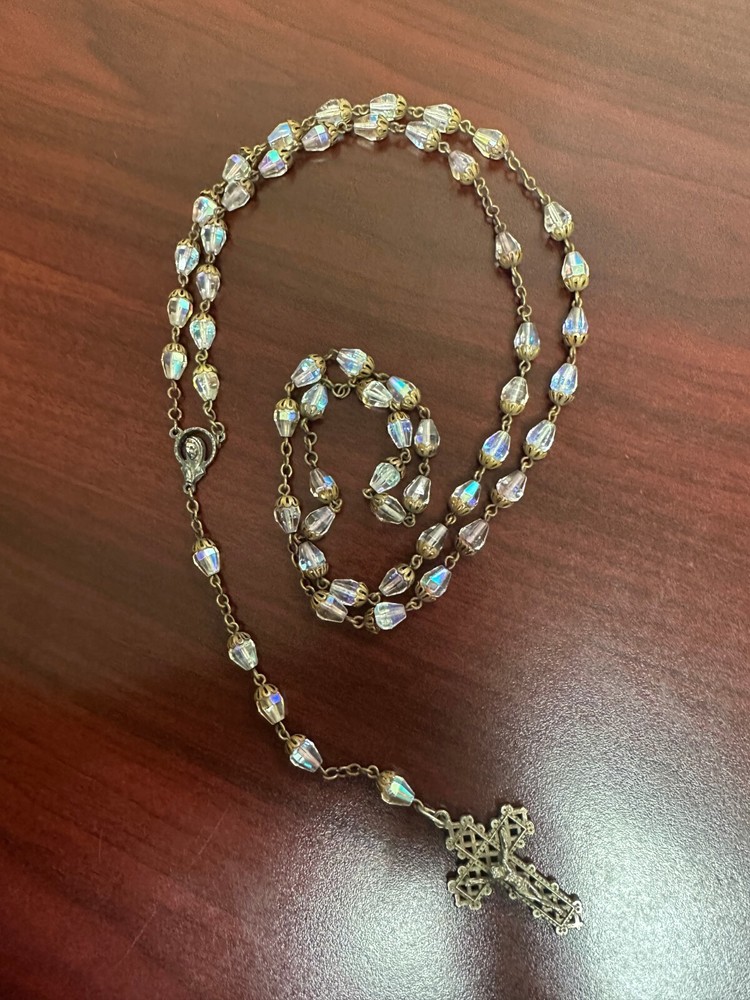 Vintage Clear Iridescent Glass Crystal Bead 22.5" Rosary #730