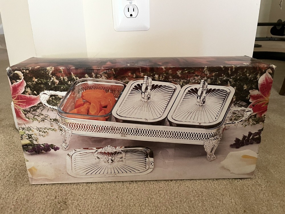 Vintage Silver Plated Covered Triple Baker w/Glass Liners