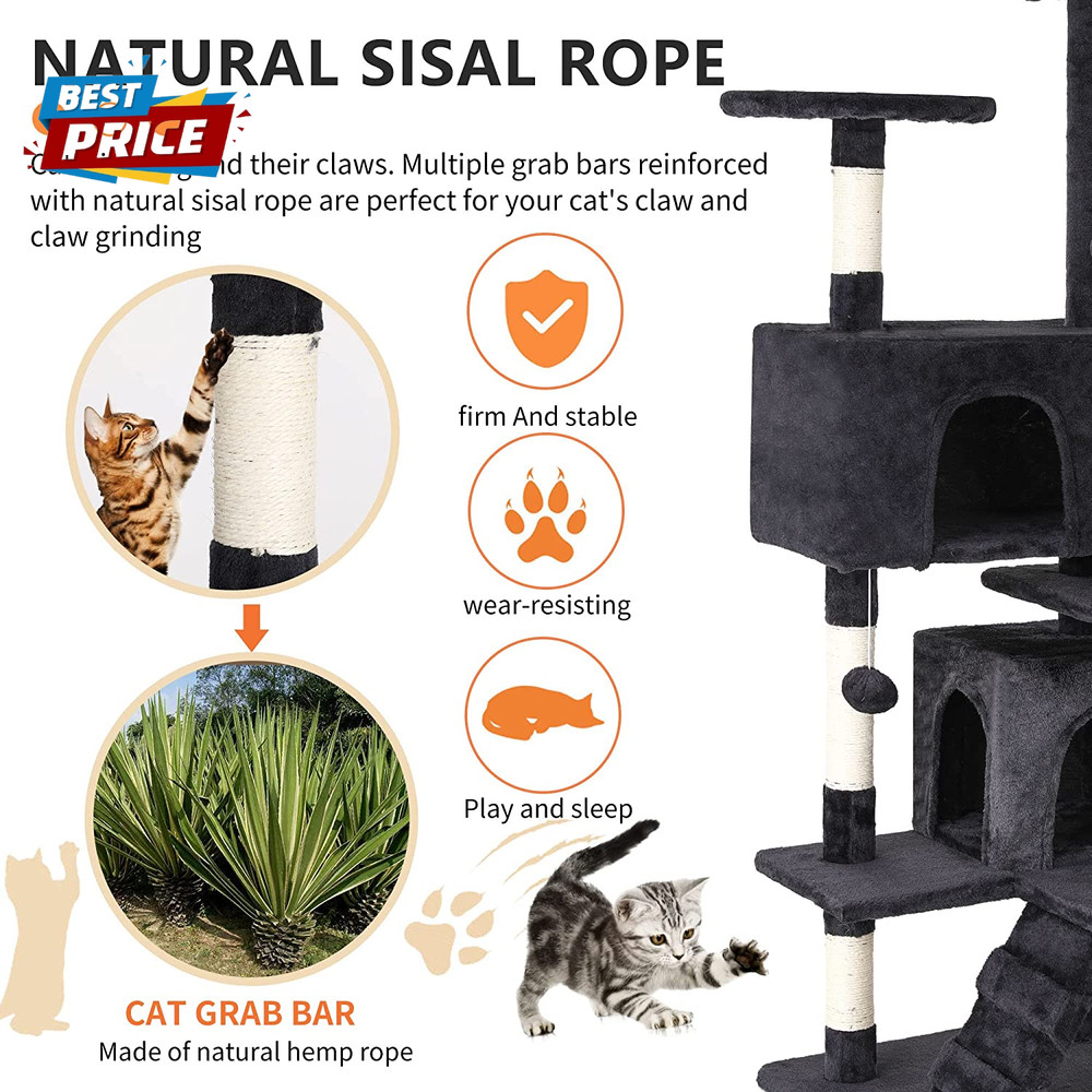 54" Cat Tree Tower | Dark Gray | Sturdy, Easy to Assemble, Multi-Level Activity