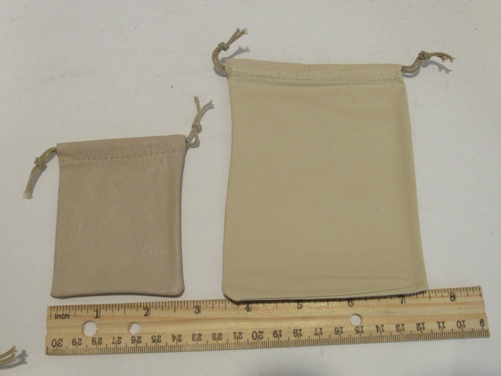 GENUINE LEATHER DRAW STRING POUCH BEIGE  2 1/2 " X  3 3/4 "