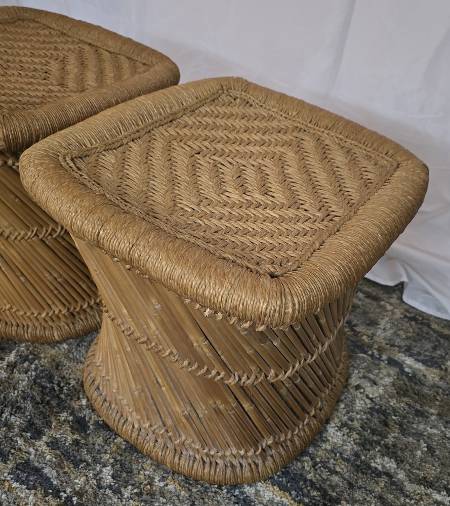 Pair of Hand Woven Square Wicker Rattan Stools Chevron Pattern Brown