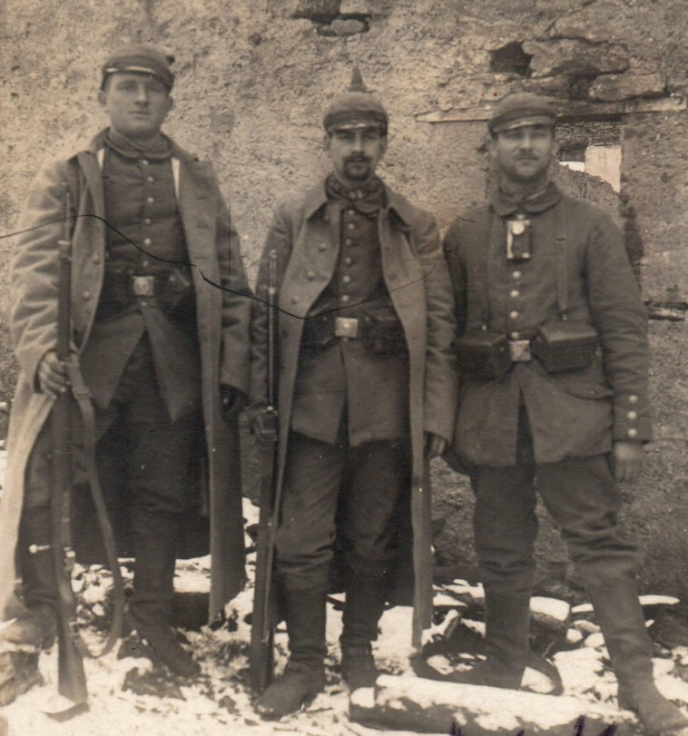 WWI German Soldiers Picklehaube Helmet Rifle Trench Coat Real Photo Postcard