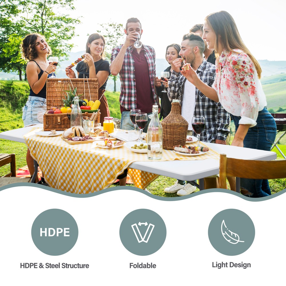 2PCS Folable Table 8FT Dining Table w/Handle Lock Picnic Camping Table Outdoor