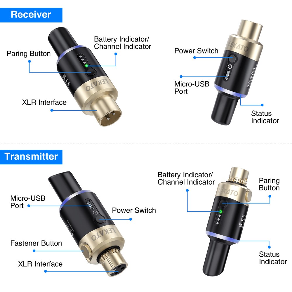 LEKATO 5.8G Wireless Microphone System Mic Transmitter Receiver Plug On XLR 100'