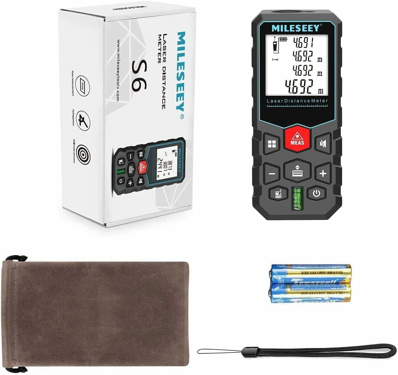 Mileseey Digital Laser Distance Meter Measurer Area Volume Pythagoras Tape LCD