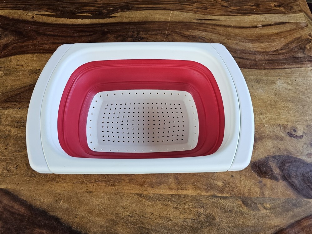 Large Sink Strainer Colander Collapsible Expandable Handles White And Red