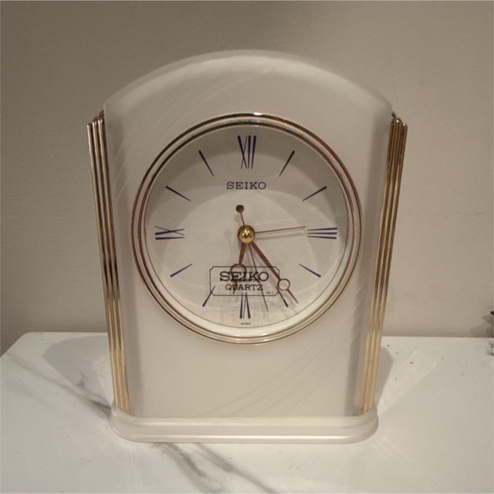 Seiko QEJ194W Quartz Table & Shelf Clock White Gold Roman Numerals Rectangular