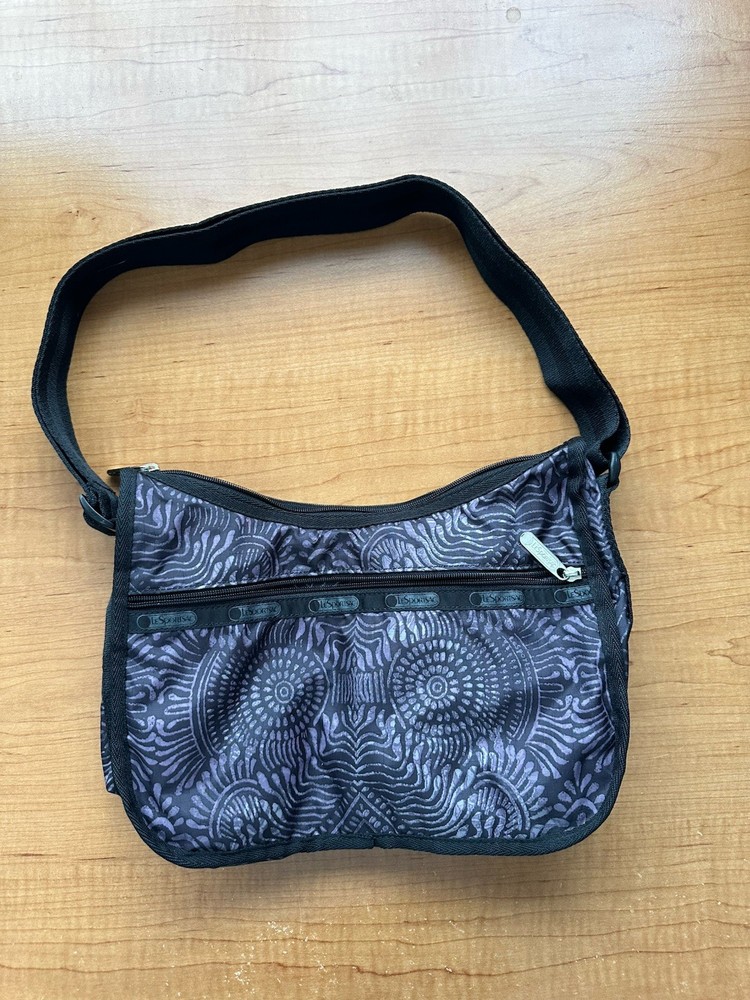 Lesportsac black and purple patterned Classic Hobo EUC