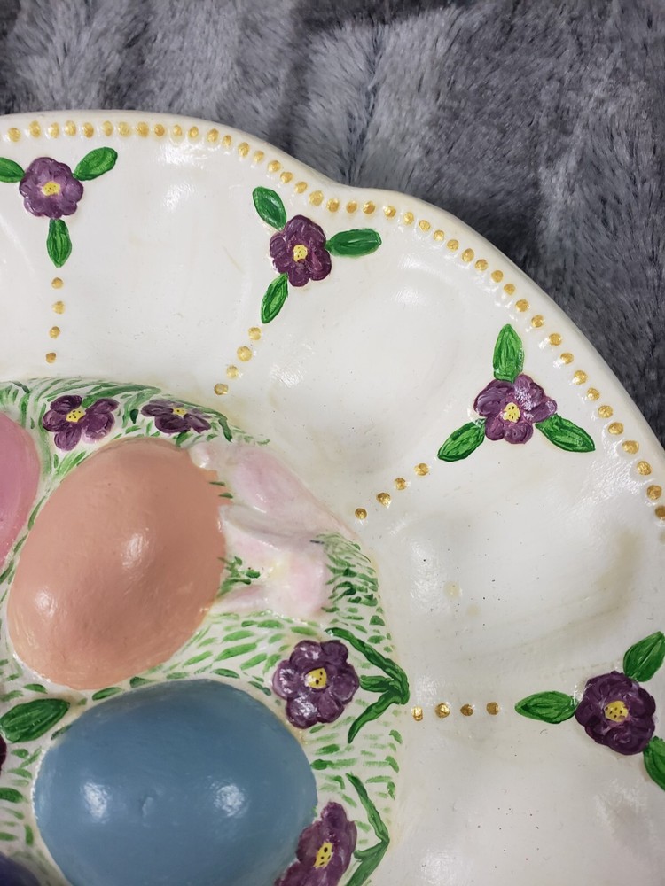 Vintage Deviled Egg Spring Easter Bunnies Flowers Plate Platter Ceramic
