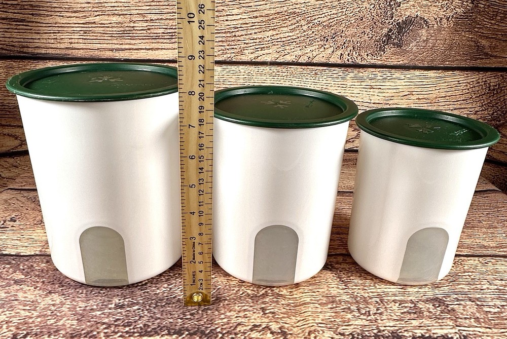 Set 3 Tupperware One Touch Window Reminder Nesting Storage Canisters Green Lids