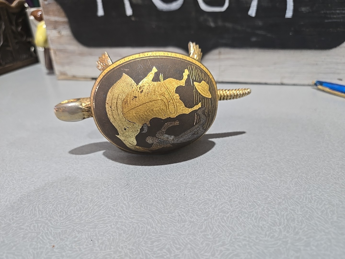 Vintage damascene brass turtle hotel/desk bell made by BOJ in Eibar, Spain