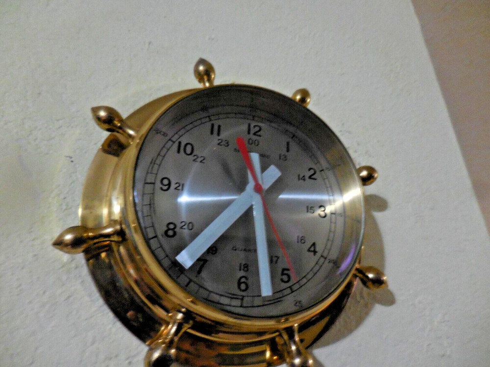 Vintage SHIPS TIME all Solid Brass Ship Nautical Wheel Wall Quartz Clock, 8" Dia