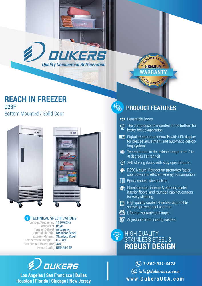 Brand new Dukers D28F Single Door Freezer
