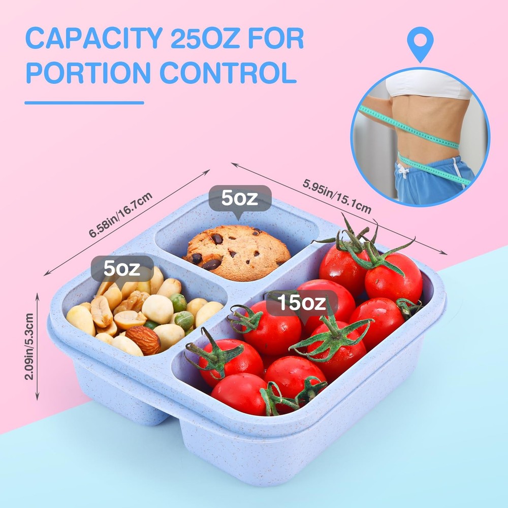 Bento Box [Portion Size], 3 Pack Snack Containers with 3 Compartments for Mea...