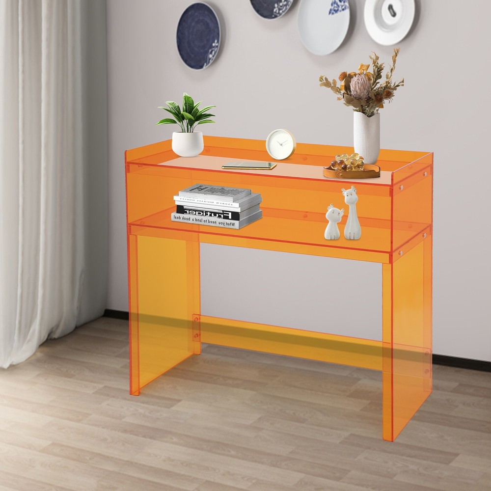 2 Tier Acrylic Table Clear Entry Table Small Entryway Table Orange 100*30*80cm