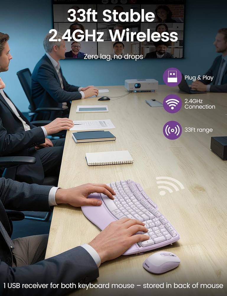 Ergonomic Wireless Keyboard Mouse Combo Purple Wave Design Silent