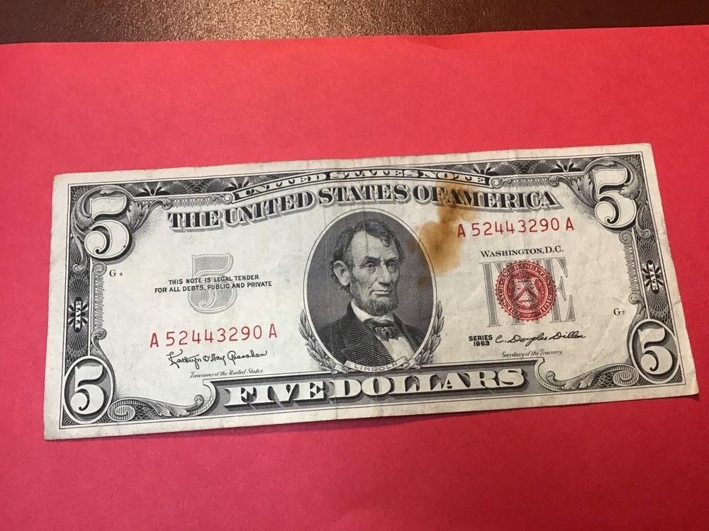1963 Five Dollar Red Seal $5 Red Seal Note US, 1 Note