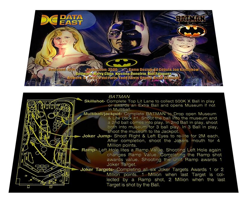 Data East Batman Pinball Custom Apron Instruction Cards