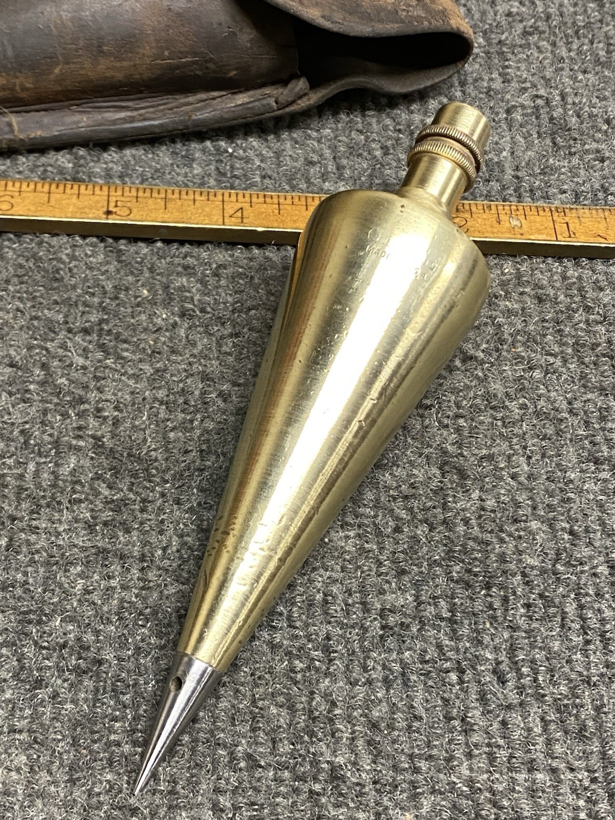 Vintage Bell System 18 Oz Brass Plumb Bob With Leather Sheath And Steel Tip USA