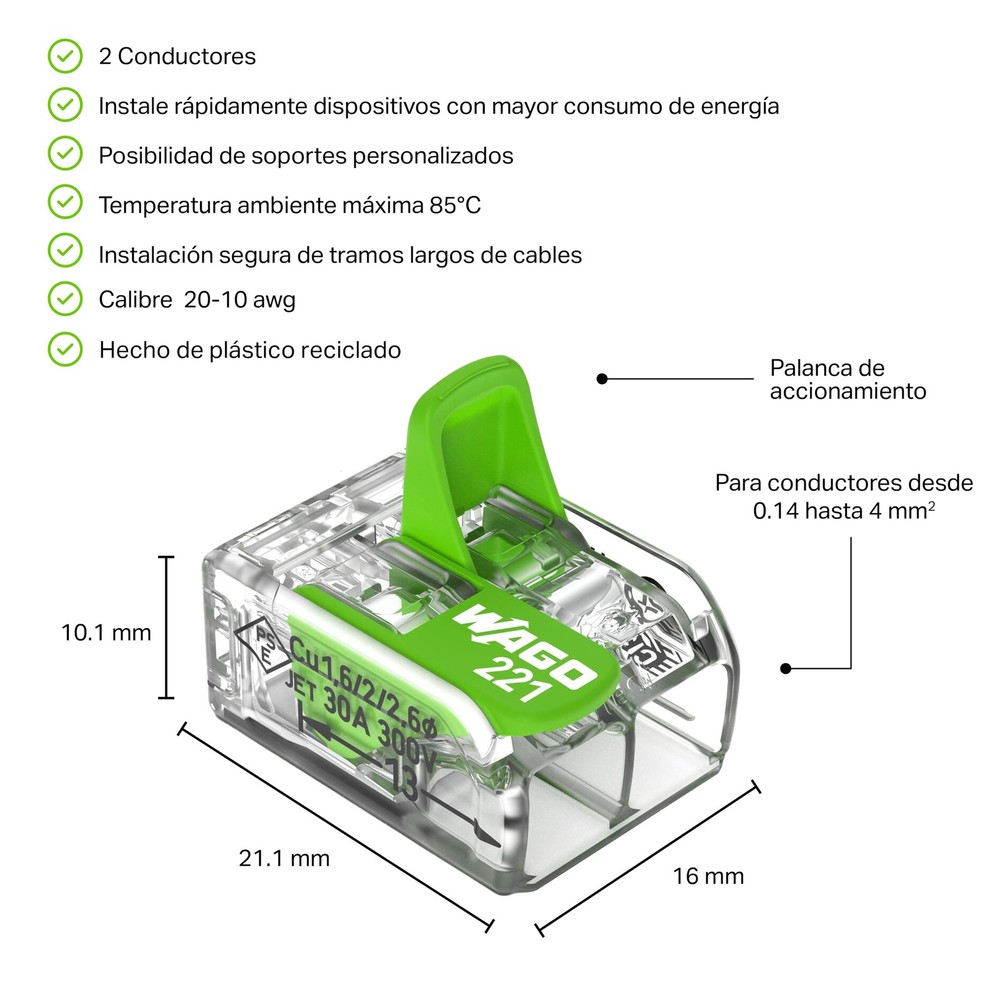 221422 | WAGO Splicing Connector Green Range | for Solid, Stranded and fineSt...