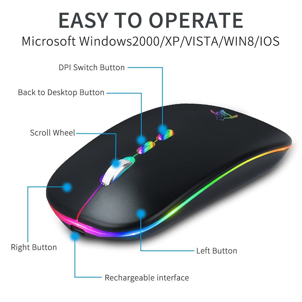 Wireless RGB Slim Mouse USB Rechargeable Ergonomic Cordless Silent Click Mouse
