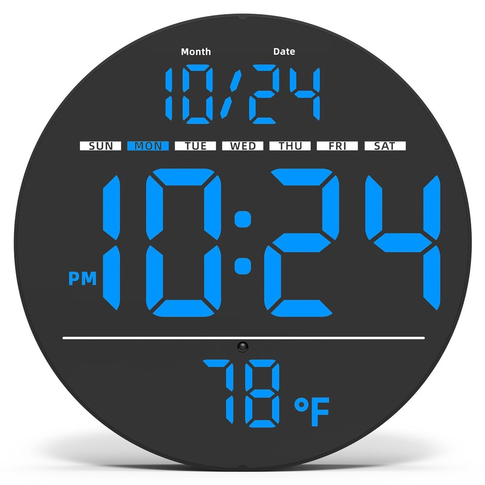 Modern Electric Wall Clock, LED Display With Date Temperature, Plug In, Blue