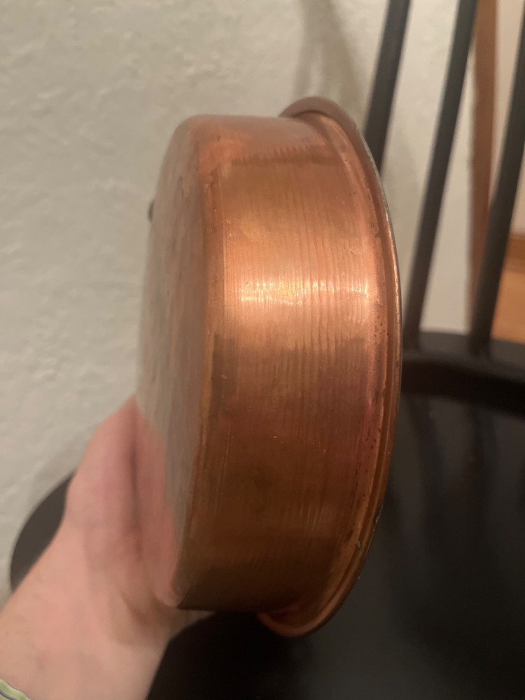 Vintage 7.5" Round hammered copper dish brass handle