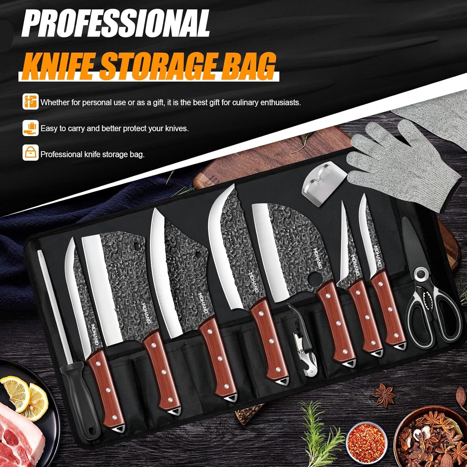 14PCS Butcher Knife Set, Chef Knife Set with Bag Hand Forged Kitchen Knife Set