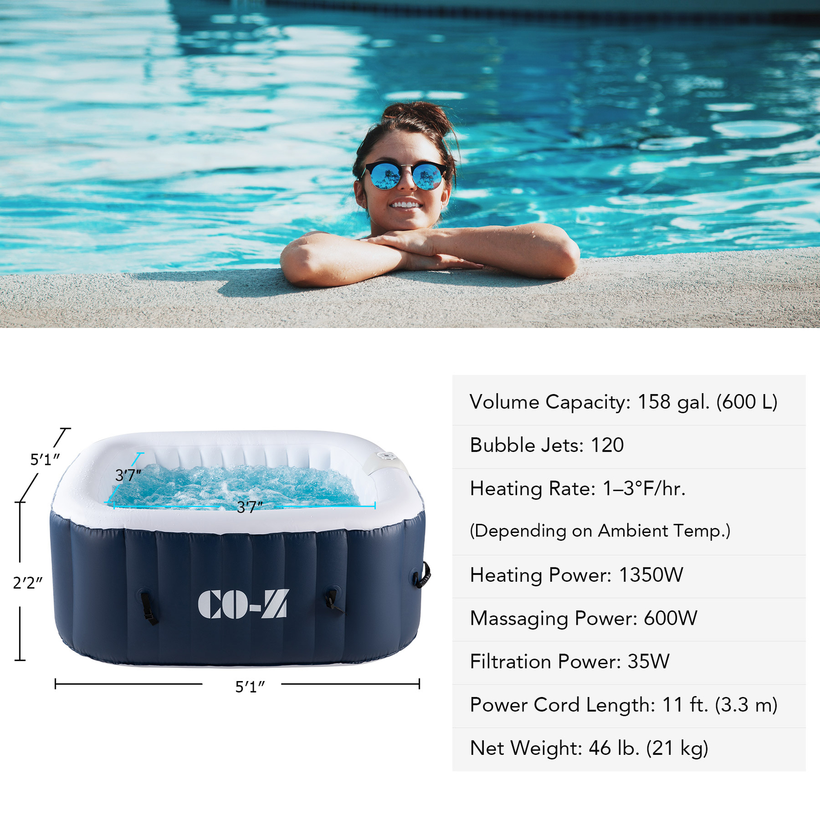 CO-Z Inflatable Tub Spa Portable 120 Air Jet w Pump and Cover 2-4 Person US