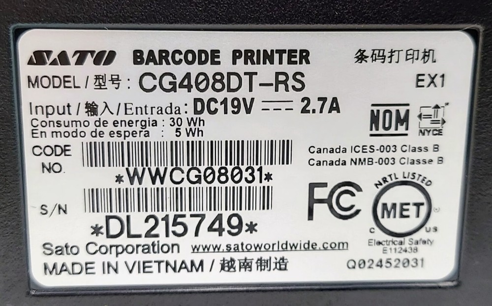 SATO CG408DT-RS Barcode Label Printer