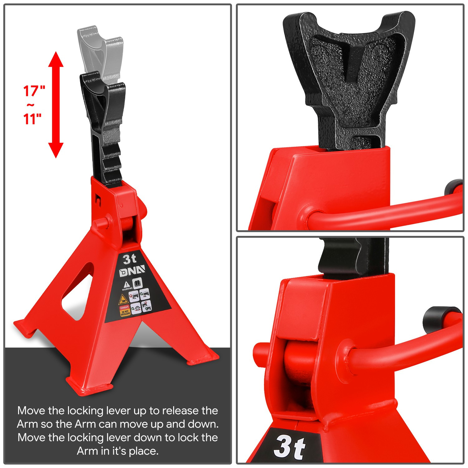 10.8"-15.7" Adjustable Height 3 Ton/6600lbs Car Lifting Jack Stand Red 2Pcs