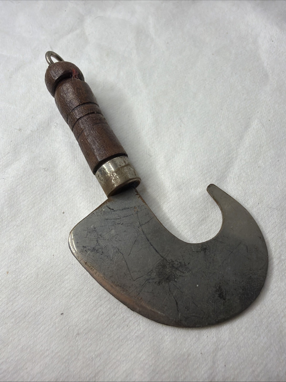Antique Billhook Knife Wood Handle Leather Pruning Carpet Making Tool 4”