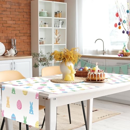 Mindsoft 7 Pcs Easter Buffalo Bunny Rabbit Table Runner and Placemat Bunny Egg