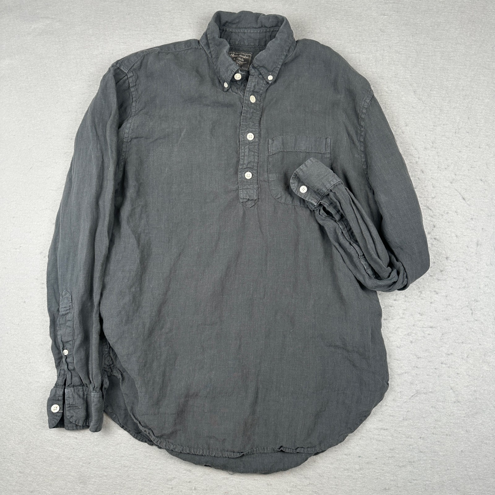 Abercrombie and Fitch Shirt Mens Large Gray 100% Linen Henley Popover Polo Y2K
