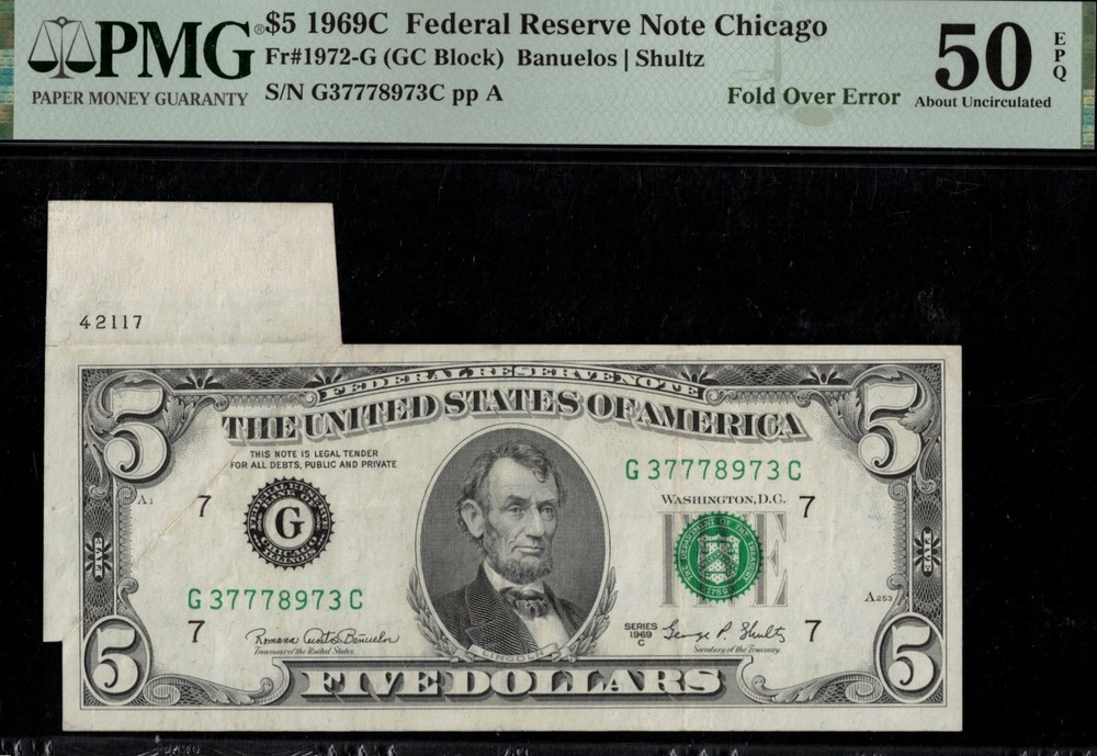 1969C $5 FRN "FOLDED AFTER FACE" #50Q