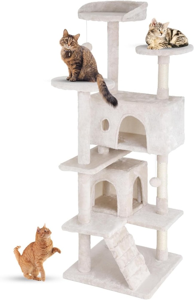 54" Cat Tree Tower Condo w/ Sisal Scratching Posts, Gray, Multi-Level Sturdy