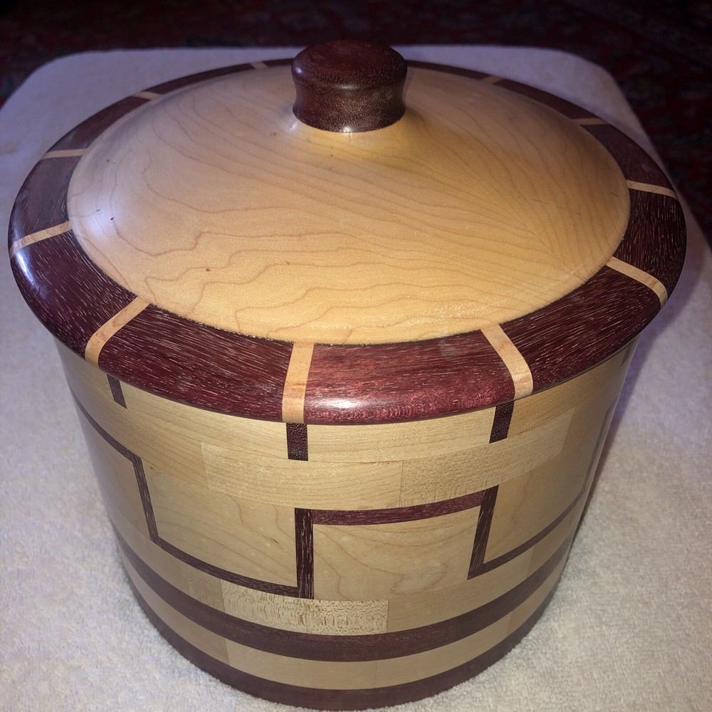 J Spring Woodcraft Segmented Turned Maple & Purple Heart Large Container & Lid