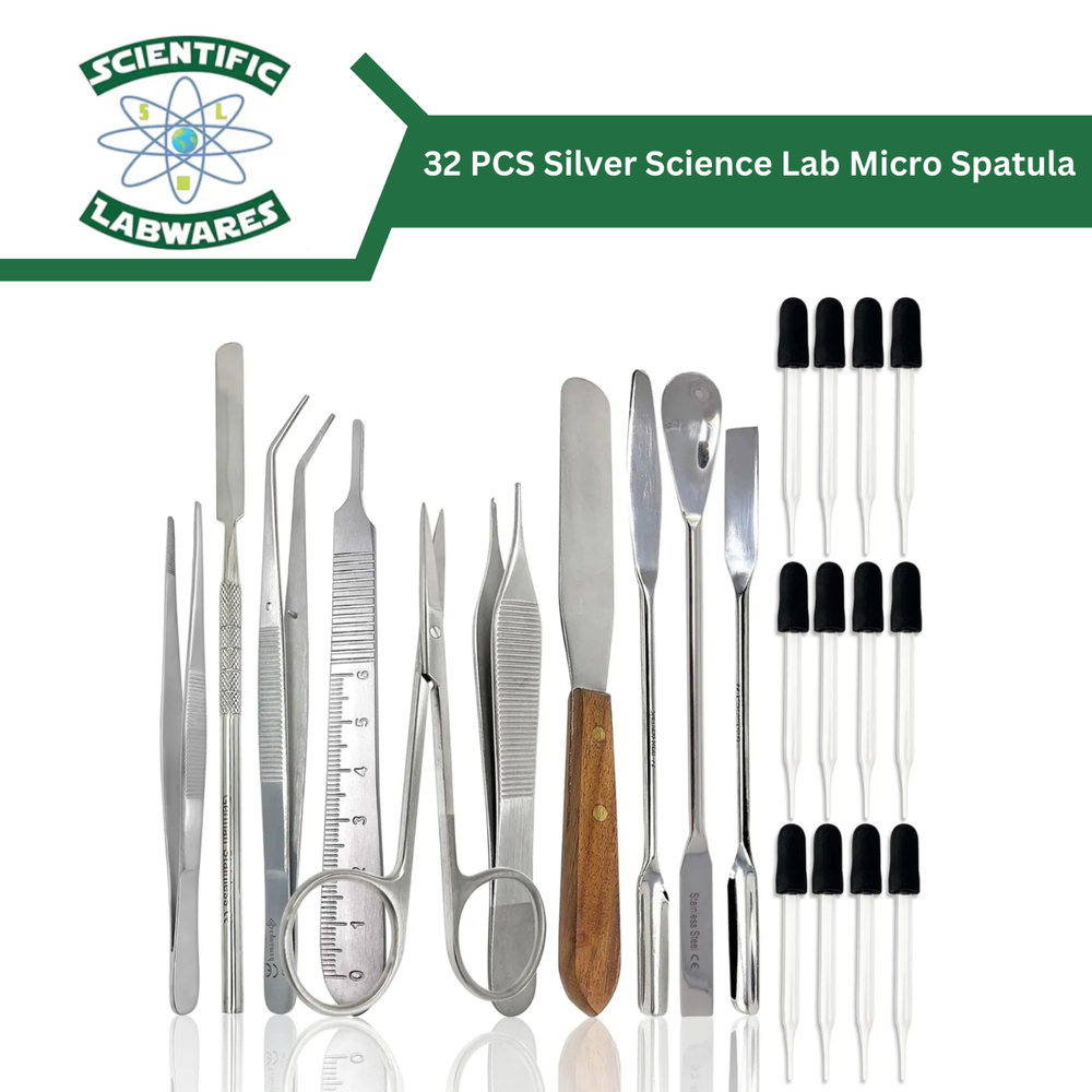 Scientific Labwares 32 PCS Silver Science Lab Micro Spatula Tweezer Sampler Set
