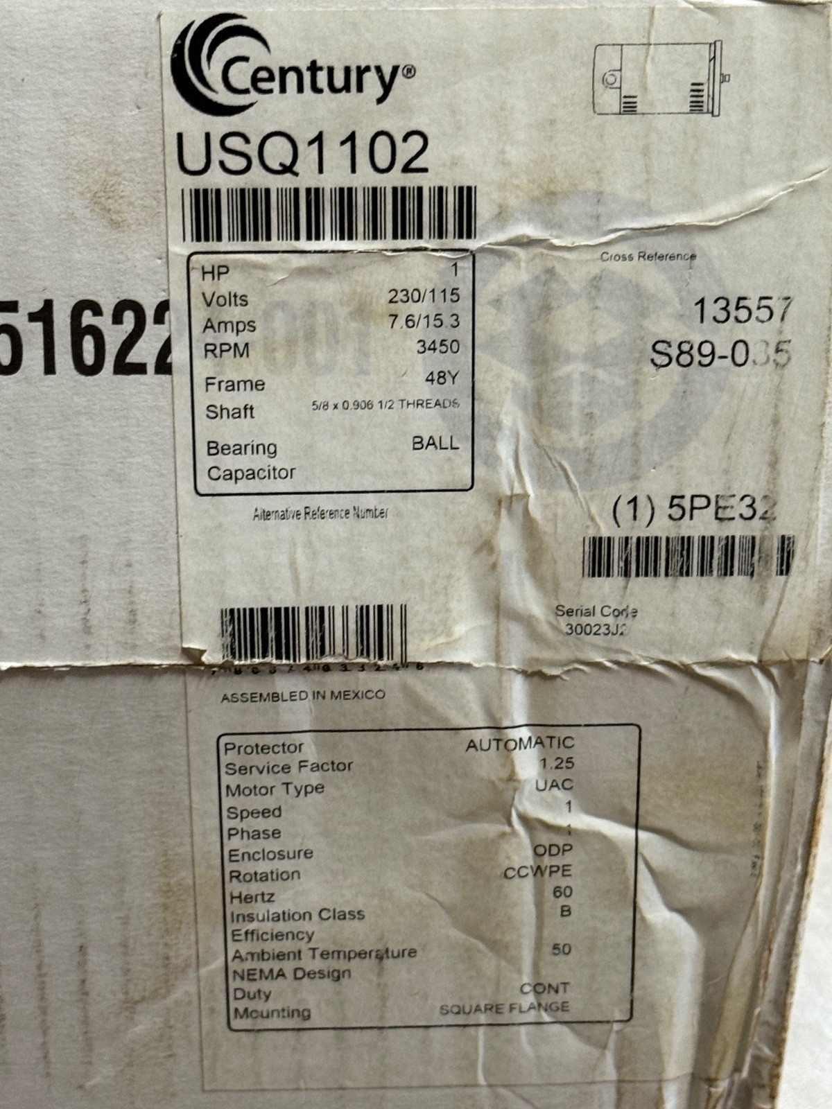 New in Box Century USQ1102 1HP Single-Speed Swimming Pool Pump Motor