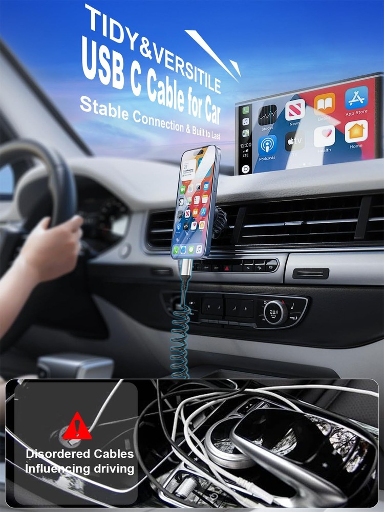 Coiled USB C to C Cable 3FT, 2 Pack Retractable C Black