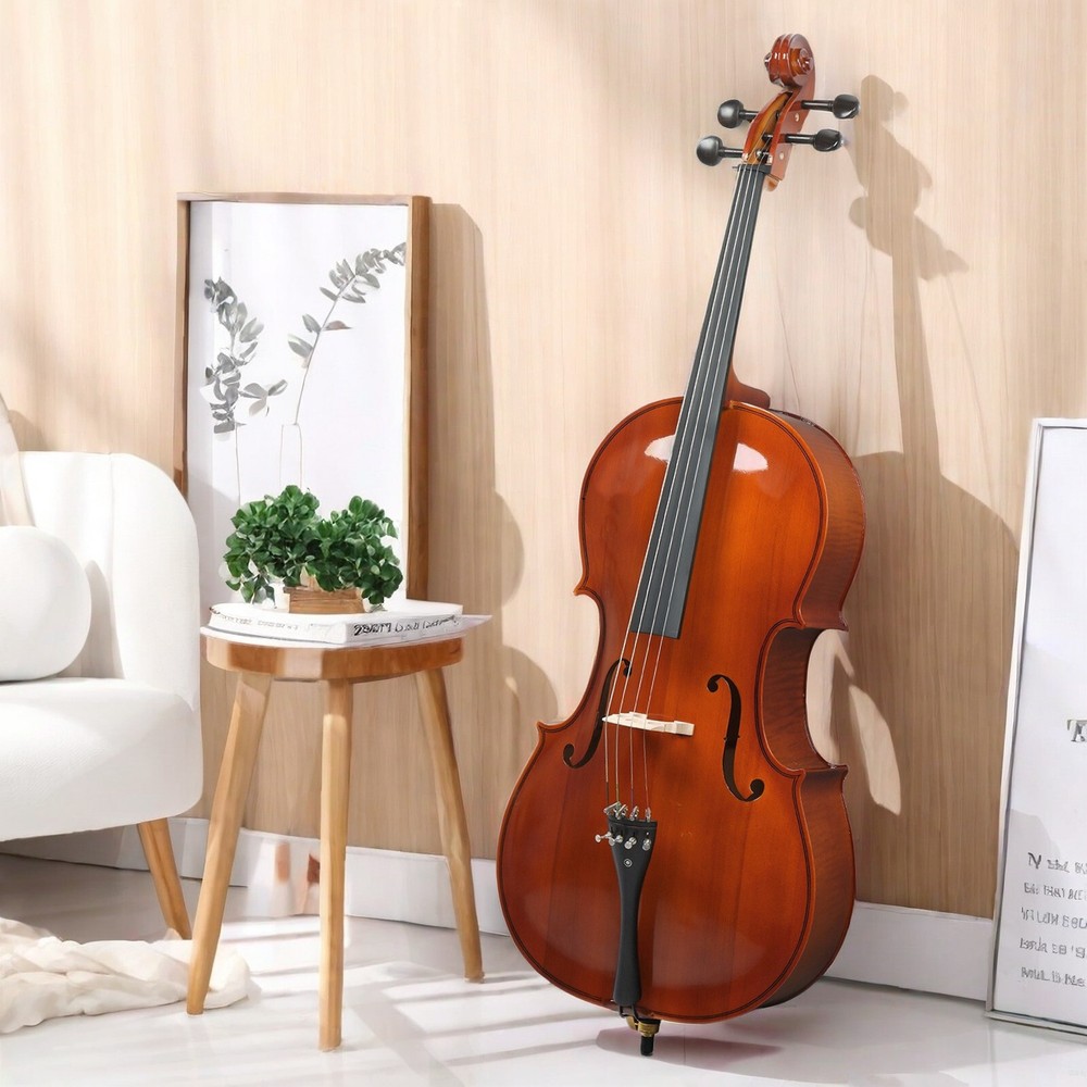 Full Size Natural 4/4 Acoustic Cello Set w/ Spruce Panel & Tiger Pattern Process