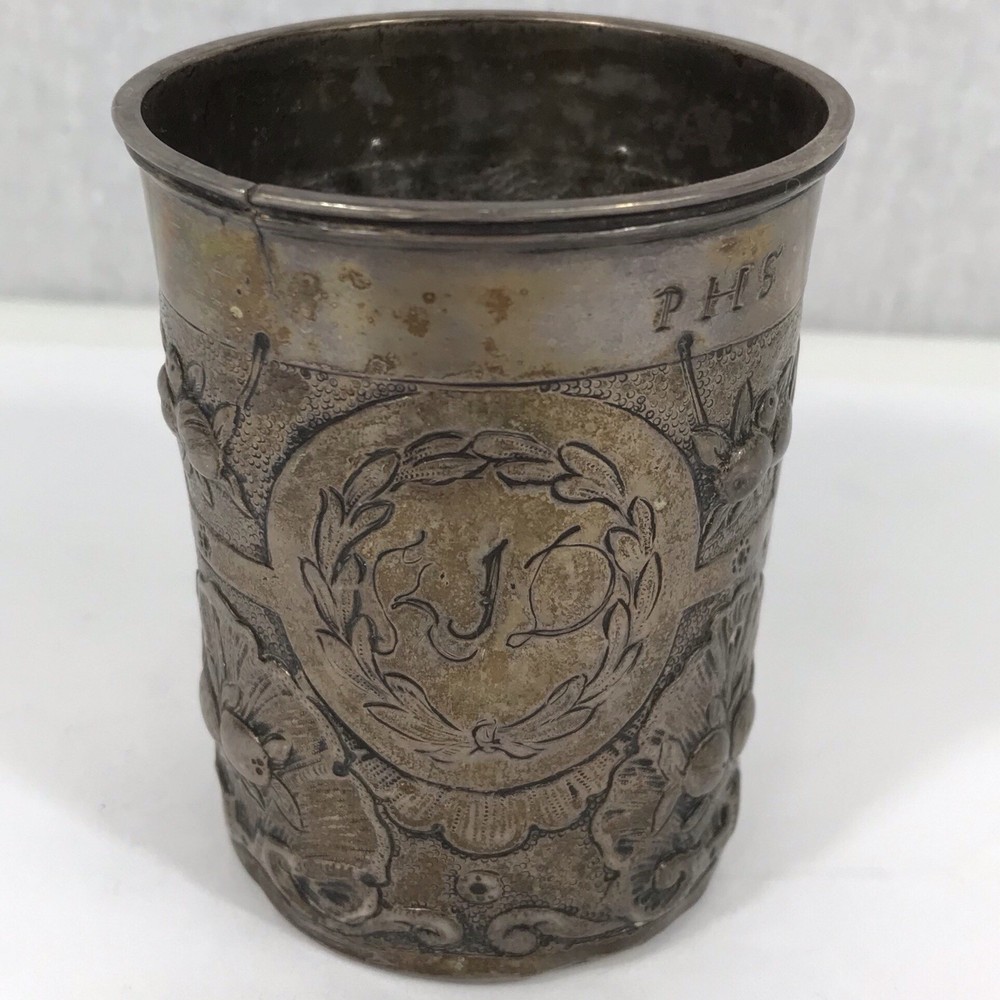 Antique 18th C German Embossed Silver Beaker  “PHS” Possibly Andreas Lobenschrot