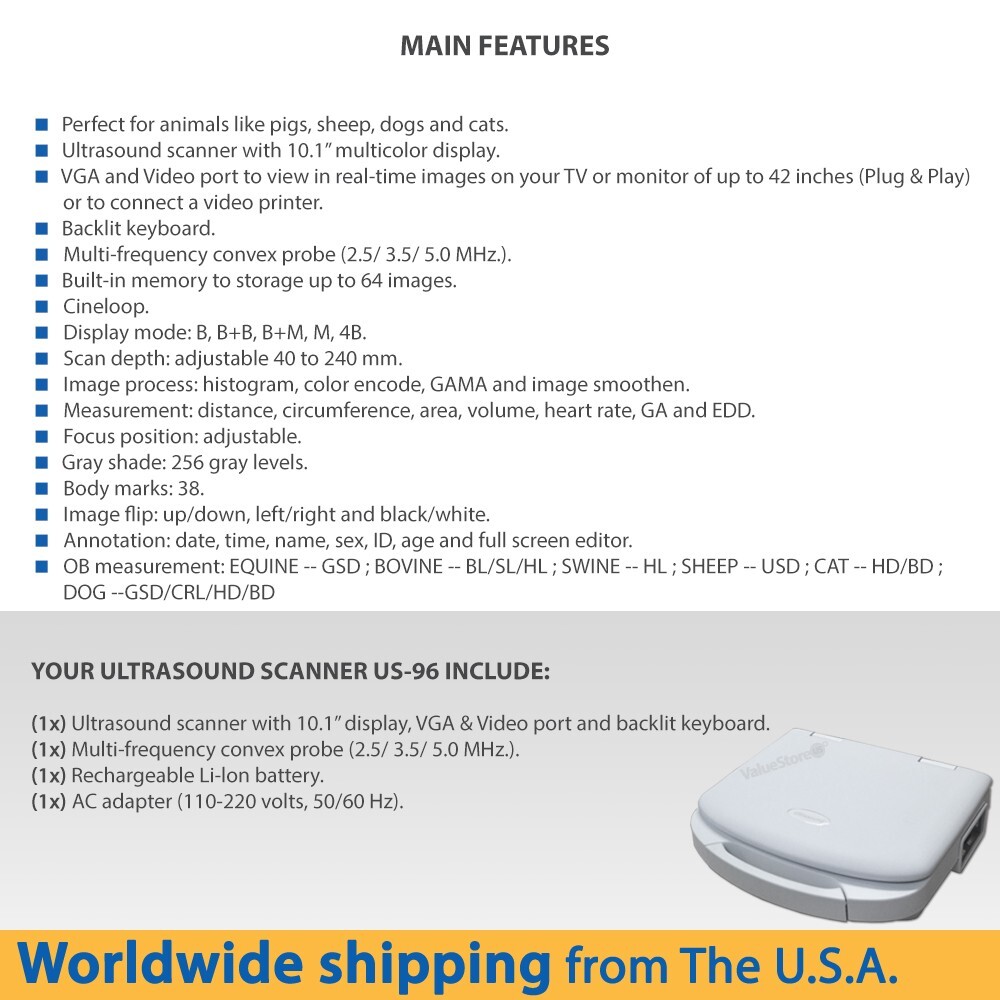 Portable Machine Veterinary Scanner US-96 with 3.5 MHz Convex Probe.