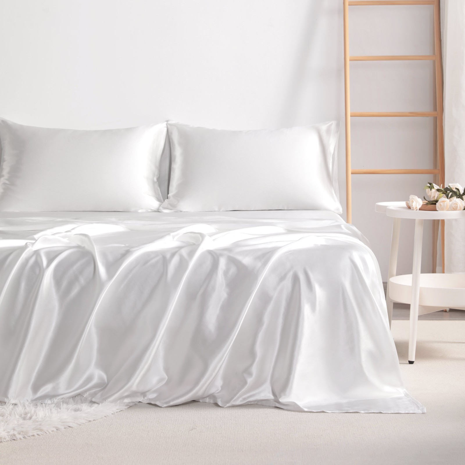 4 Pcs Lustrous Satin Silk Sheet Set Deep Pocket Bed Sheet Wrinkle Fade Resistant