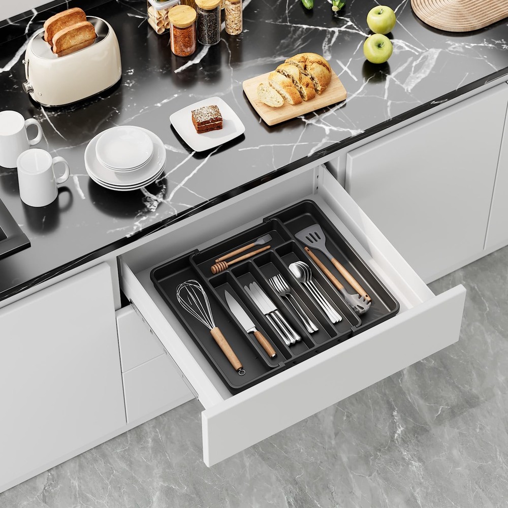 Aujen Silverware Organizer - Expandable Kitchen Drawer Medium, Black