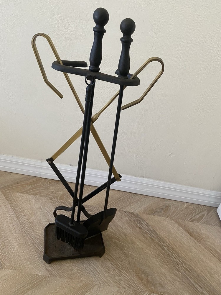 Fireplace Tools Vintage 3 Pc Iron Brass Accent & Stand Decor Unique