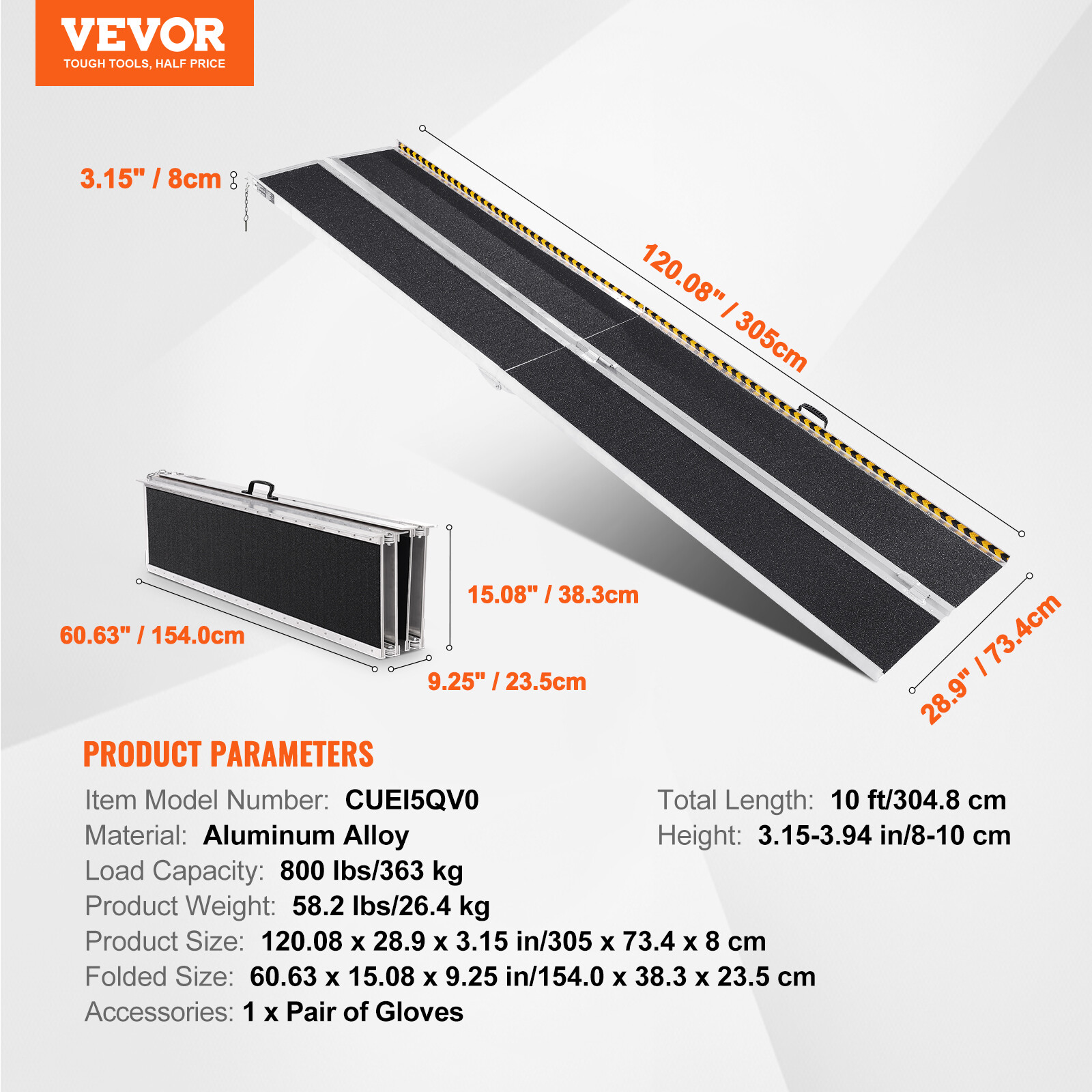 VEVOR 10 ft 800 lbs Folding Wheelchair Ramp Aluminum Mobility Ramp Portable
