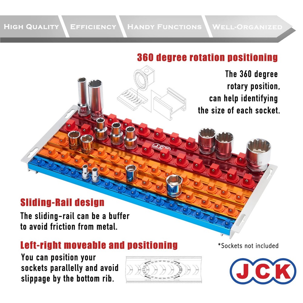 JCK Professional Quality Aluminum Multi-Size Socket Tray( Five Rails)