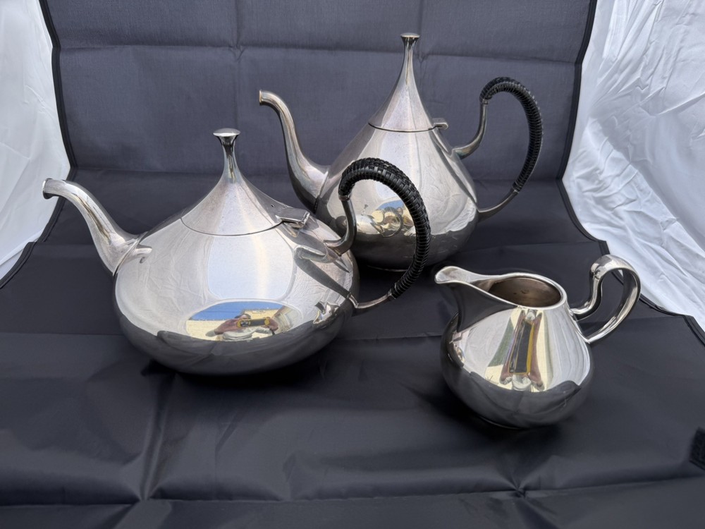 John Prip Reed Barton Dimension Coffee Pot + Teapot + Creamer Silverplate