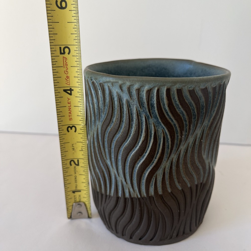 Handcrafted ceramic piece, thumb cup, planter, or small vase with leaf pattern